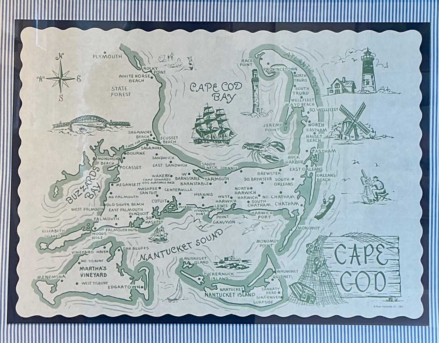 1962 Vintage Cape Cod Nantucket Martha's Vineyard Placemat Map on Blue Ticking Stripes in Gold Frame