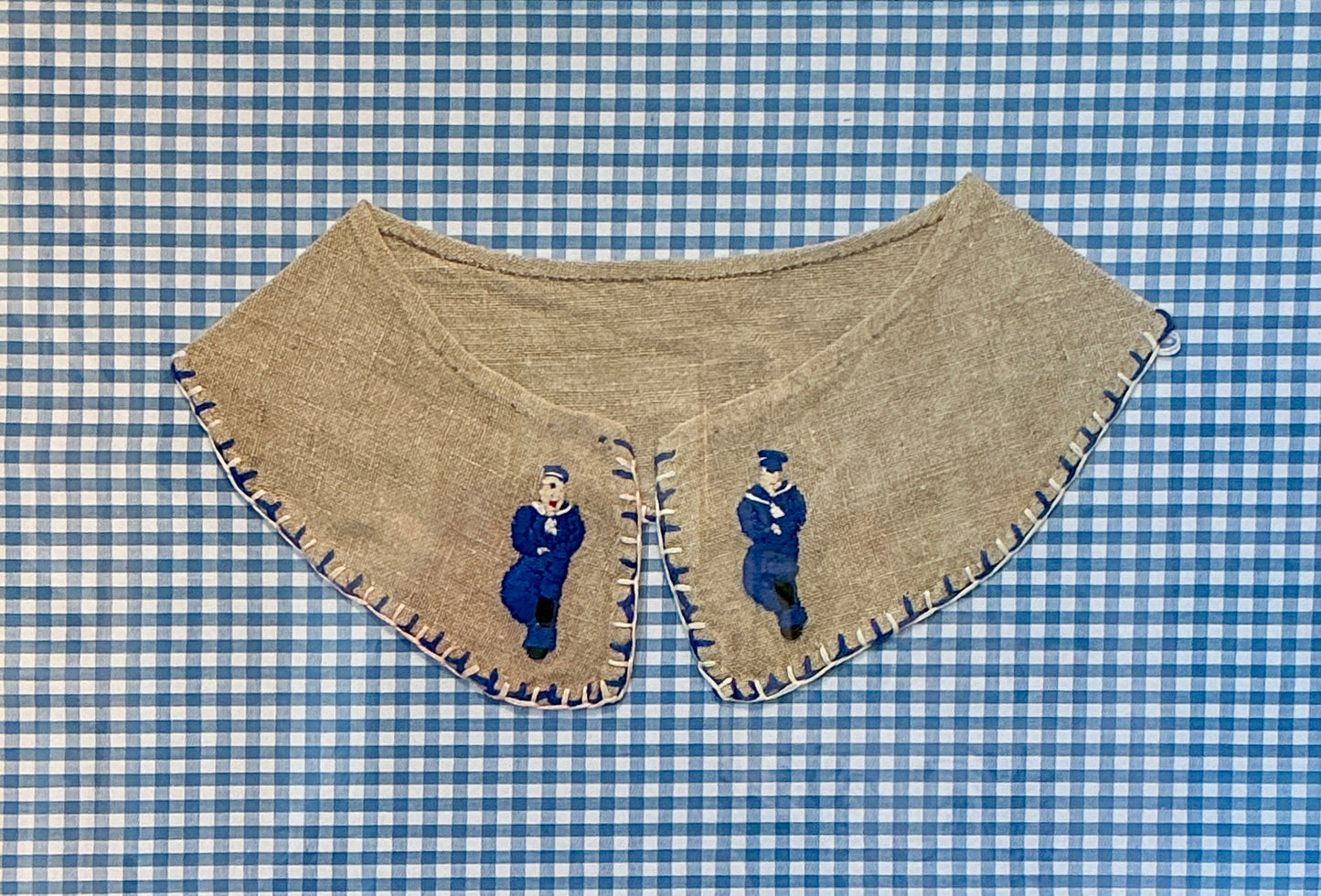 Vintage Sailor Embroidered Collar on Blue Gingham in Gold Frame