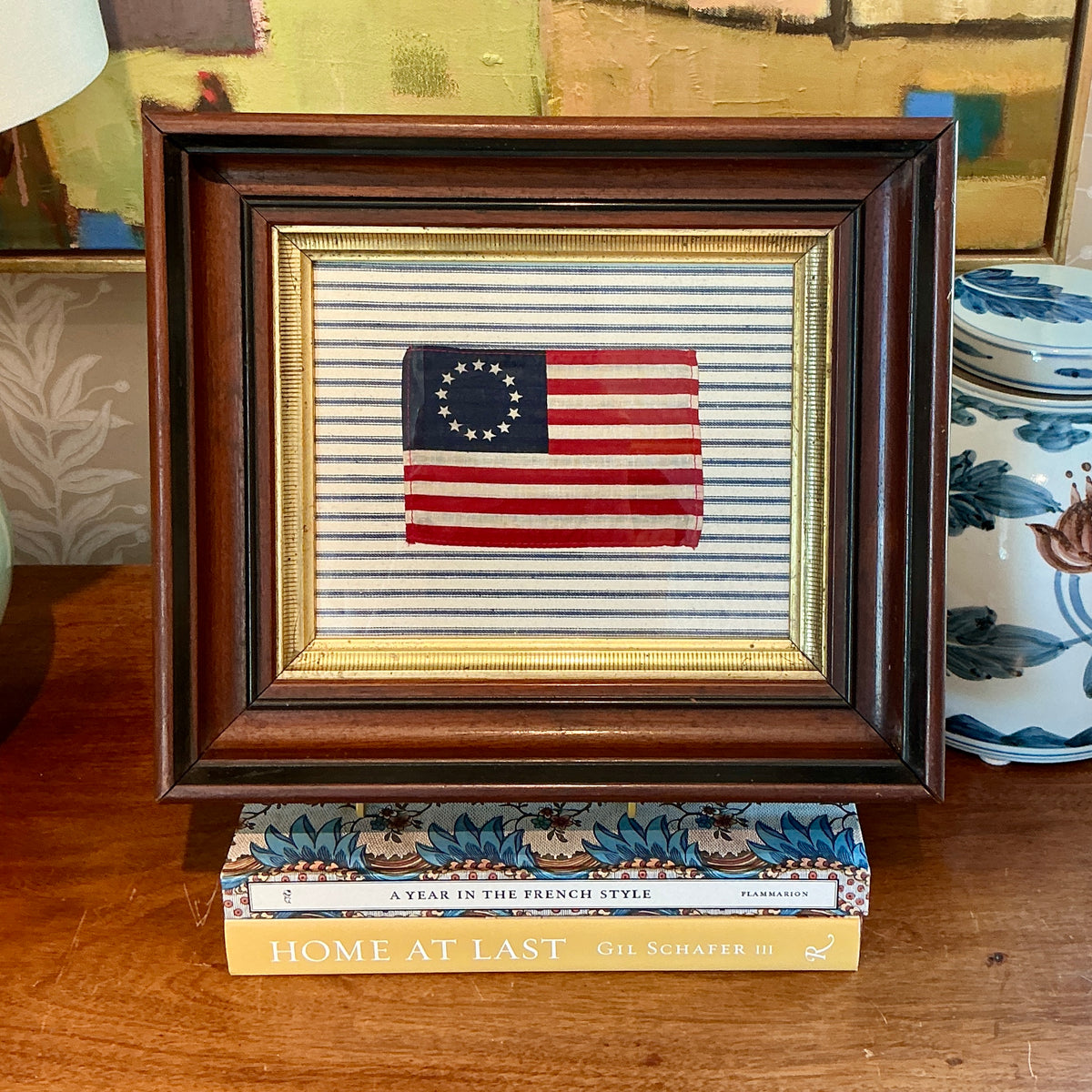 Vintage 13 Star American Betsy Ross Parade Flag on Blue and White Stripes in Antique Wood and Gilded Frame