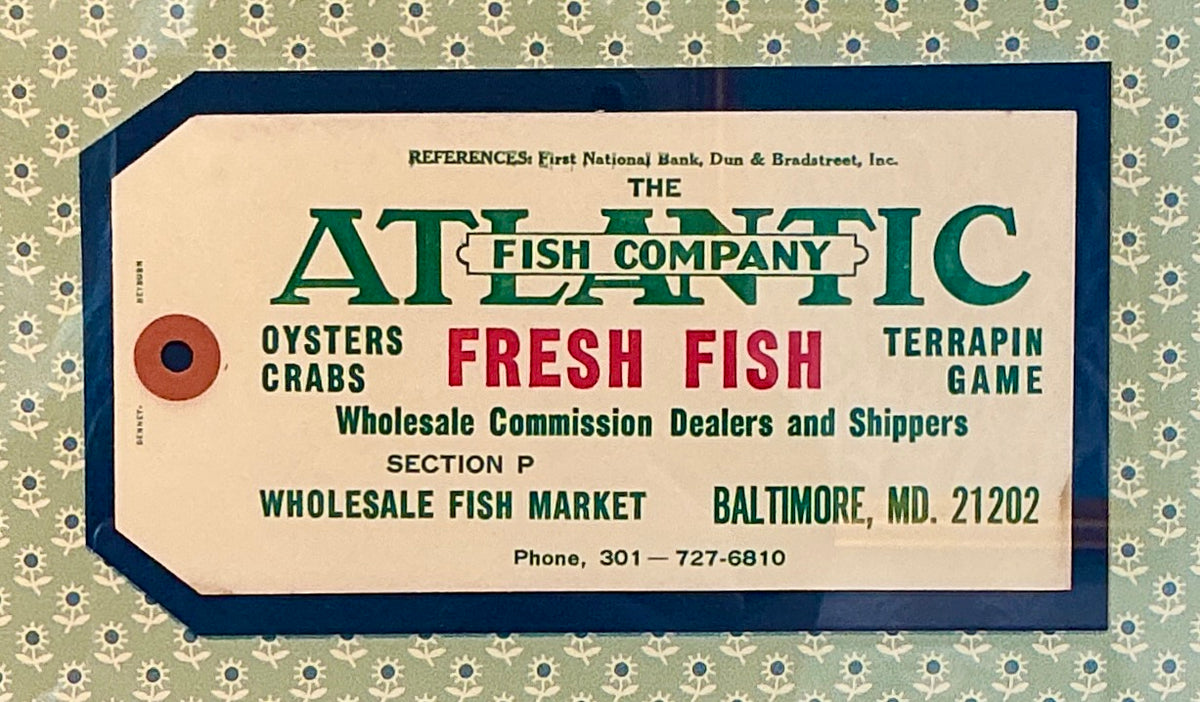 Vintage Fresh Fish Old Baltimore Maryland Fishmonger's Tag on Vintage Ditsy Floral Wallpaper in Gold Frame