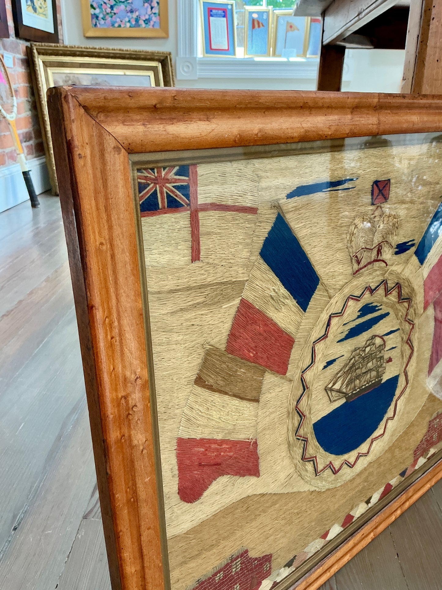 19th Century Sailor's Woolwork Woolie Porthole View of a Sailship in Antique Birdseye Maple Frame