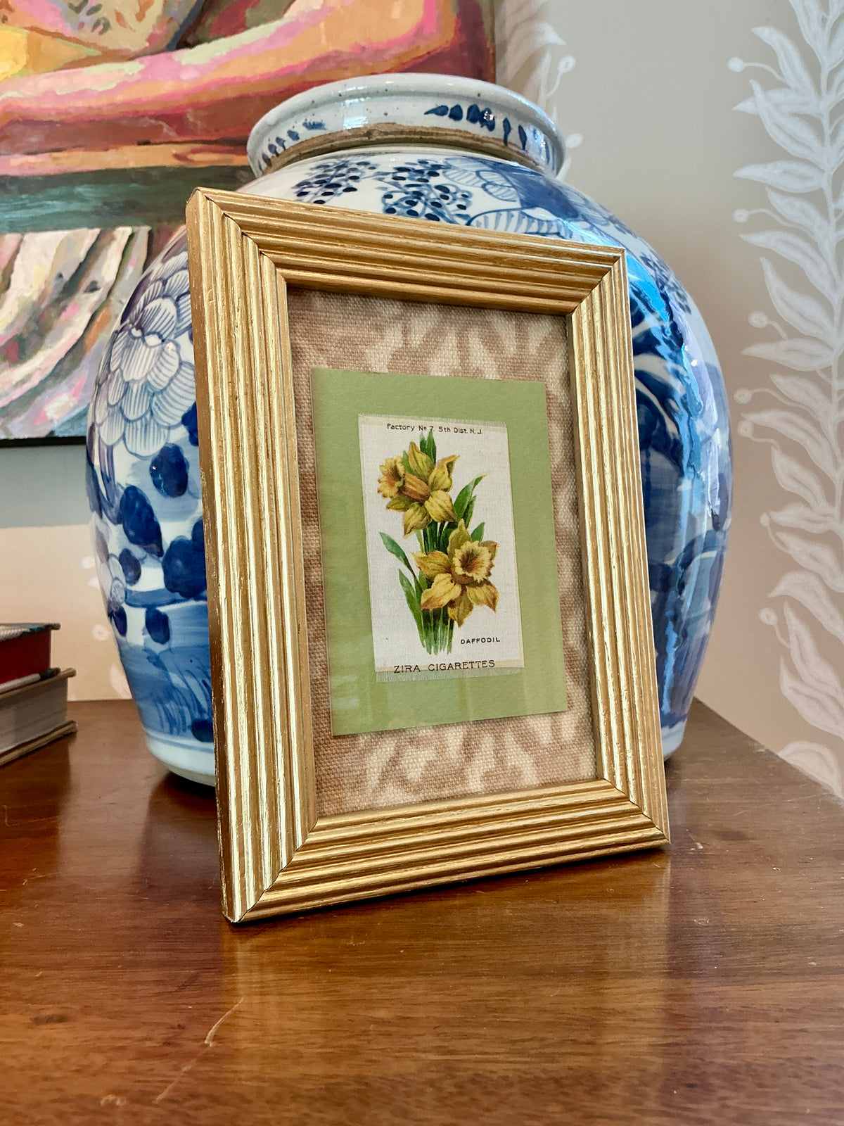 Set of Five Antique Floral Silks on Neutral Thibaut Fabric in Gold Frames