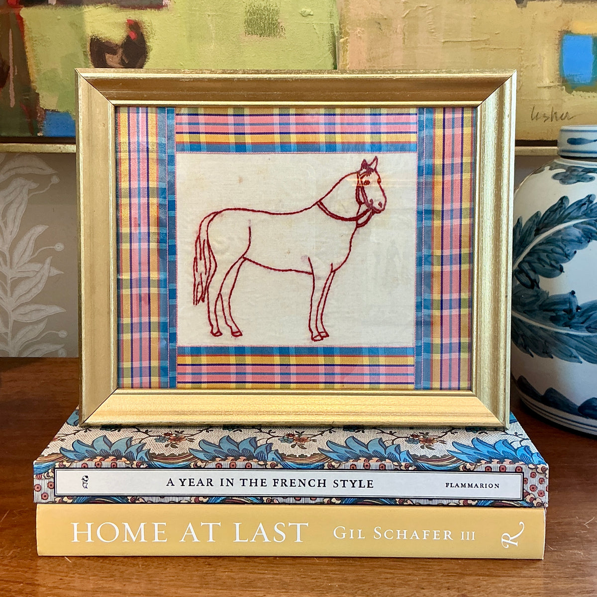 Antique Redwork Horse Embroidery in Plaid Ribbon in Gold Frame