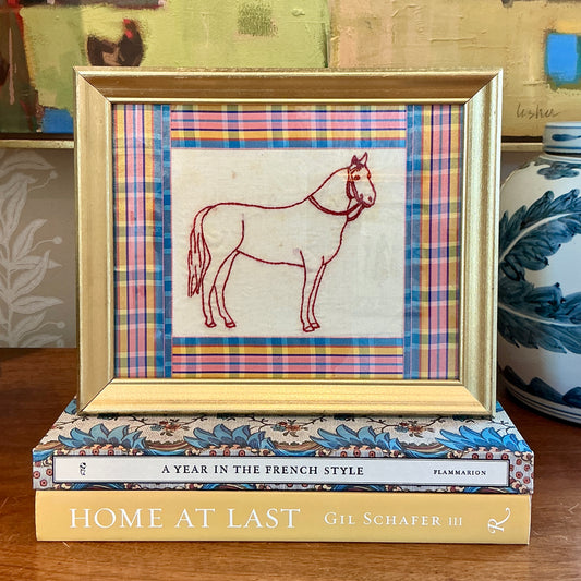 Antique Redwork Horse Embroidery in Plaid Ribbon in Gold Frame
