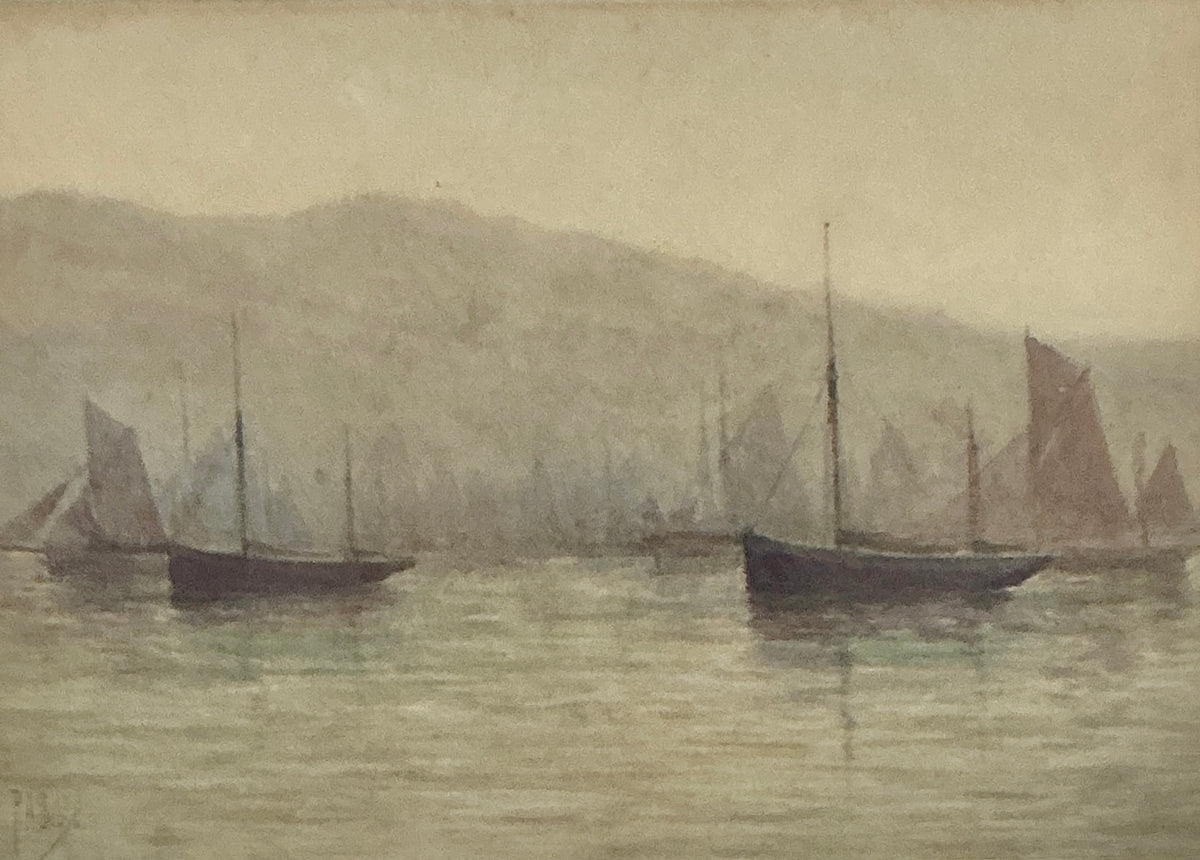 P.A. Beale Early 20th Century Misty Morning Sailboat Watercolor Painting in Gold Frame