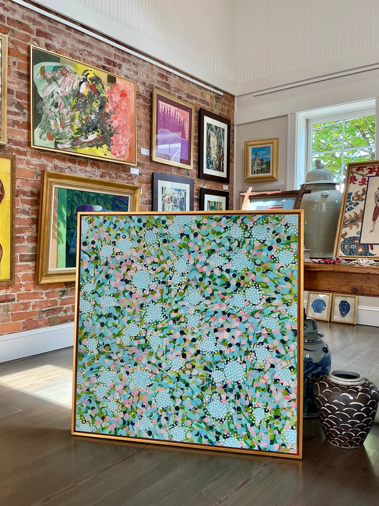 Alison Diamond McElroy Mint Condition Garden Floral Abstract Painting in Gold Floater Frame