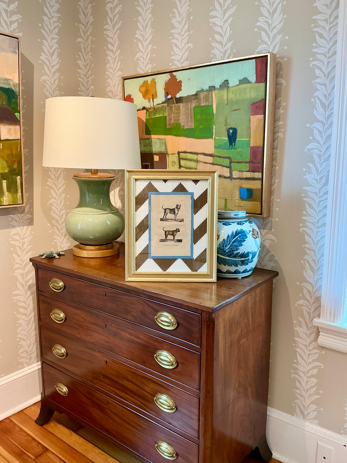 19th Century Mastiff French Bookplate on Jonathan Adler Chevron Fabric in Gold Frame
