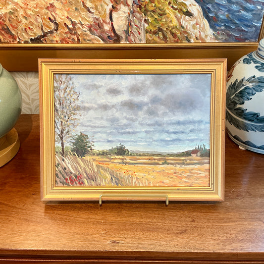 Vintage 1994 Blustery Country Landscape Painting in Gold Frame