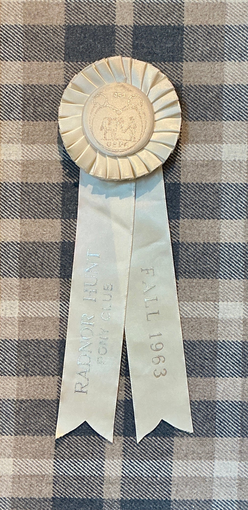 Vintage Radnor Hunt Pony Club Horse Show Ribbon on Vintage Wool Plaid in Gold Frame