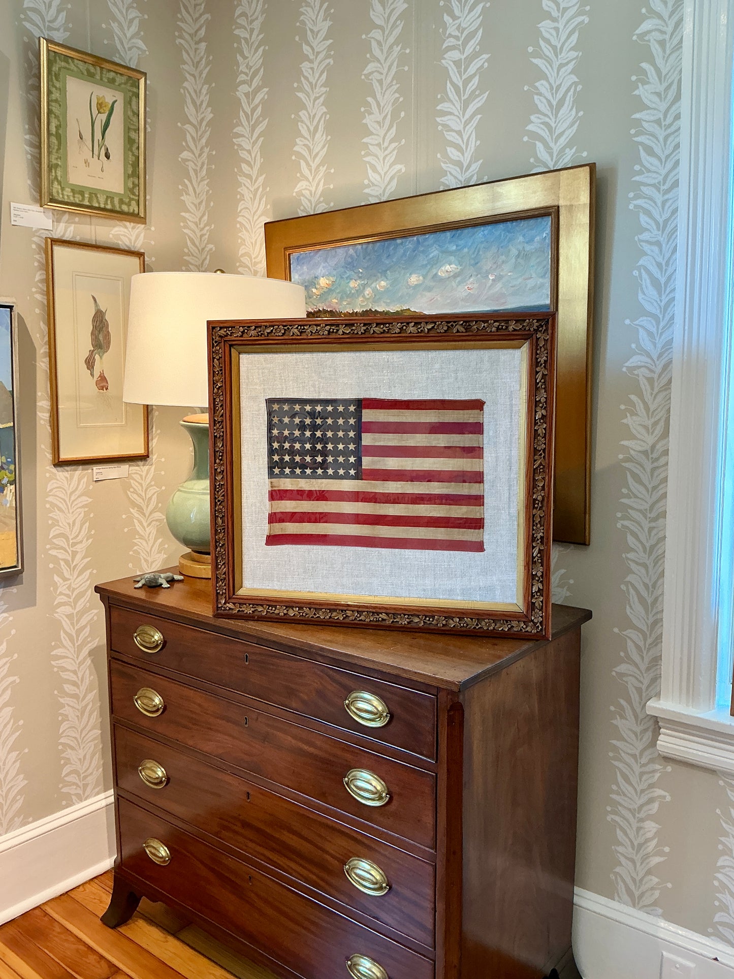 Vintage 48 Star American Flag on Grey Twill in Floral Design Wood Frame with Gilded Liner