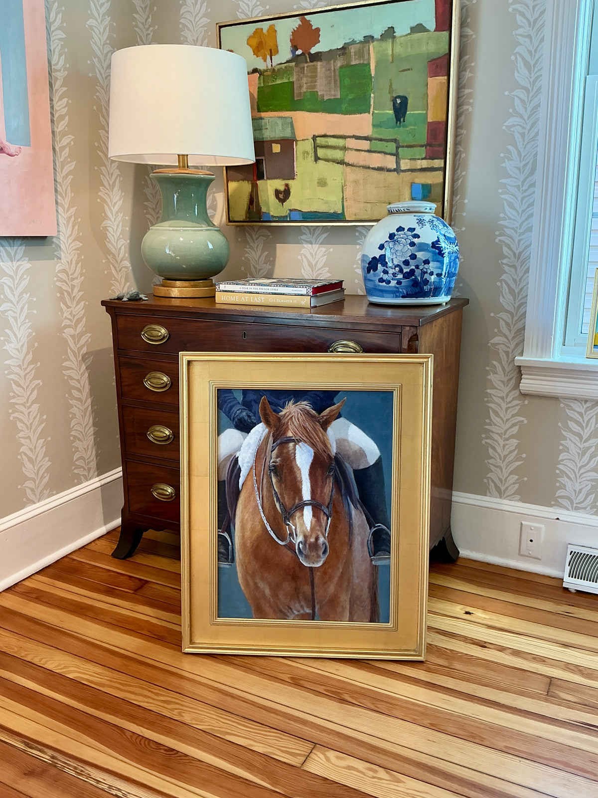 Andrea Hennings Horse And Rider Portrait Painting in Gold Frame