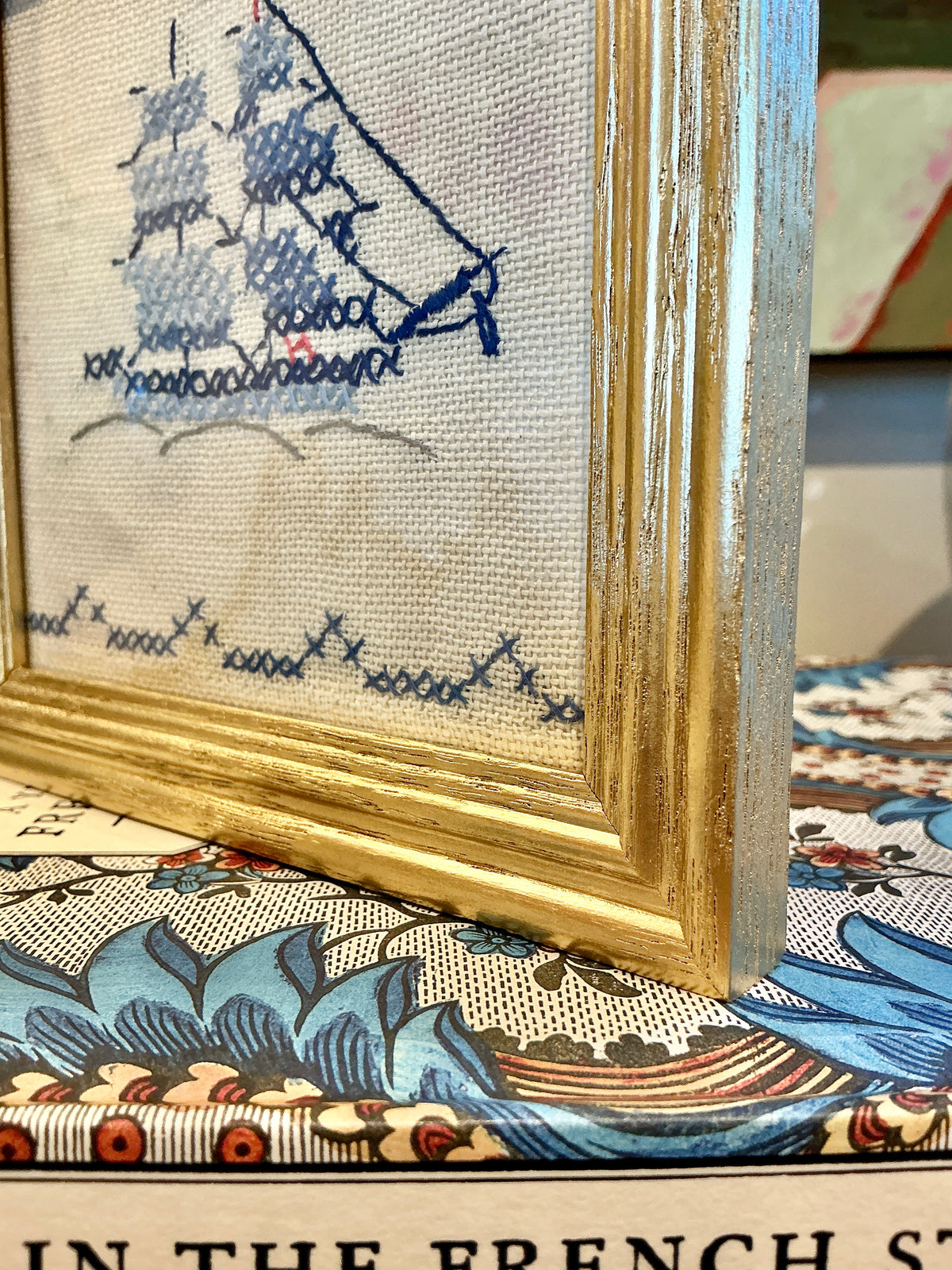 Vintage Sailboat Linen Embroidery in Gold Frame