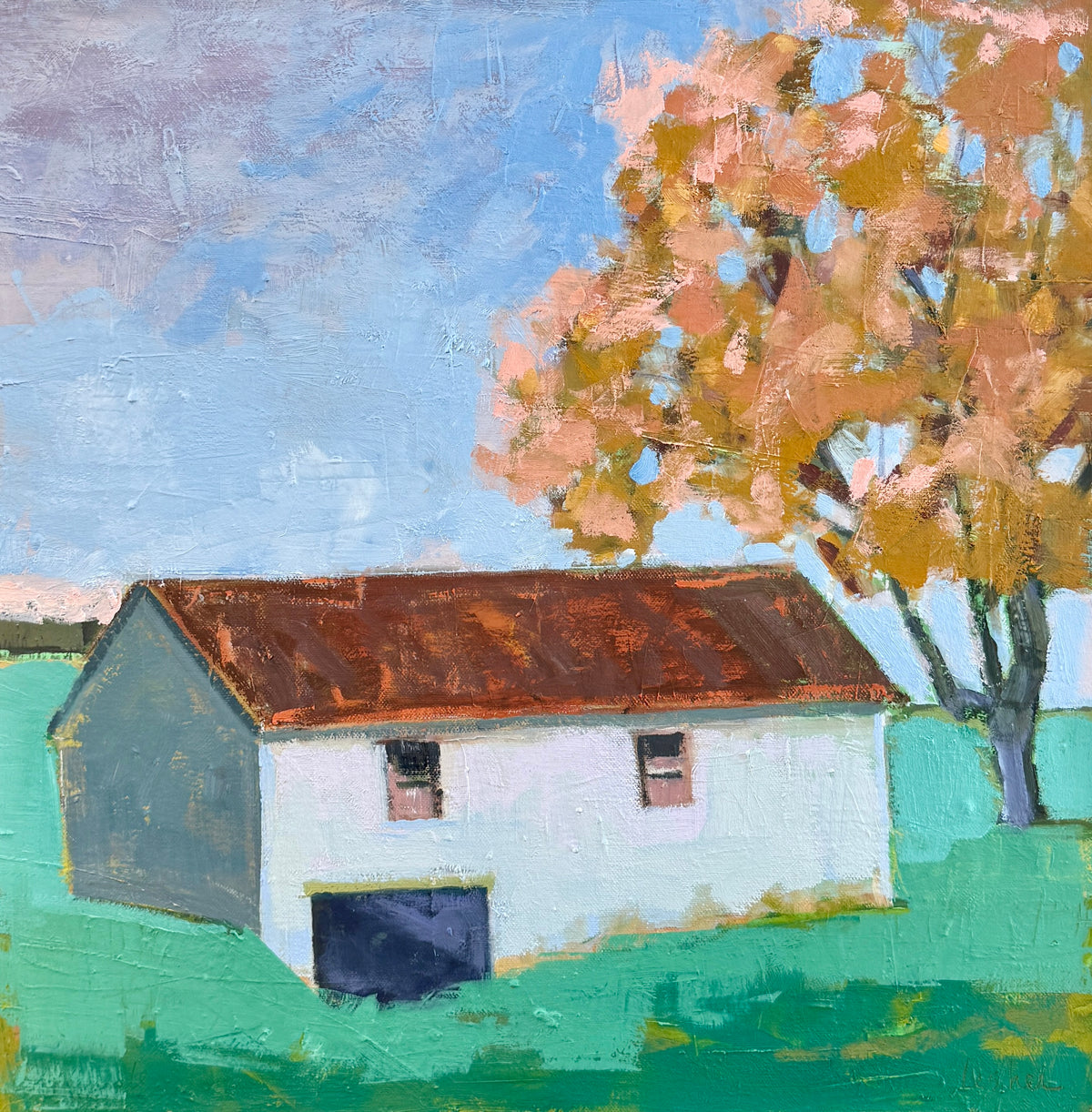 Carol Lesher Morning Landscape Oil Painting in Natural Wood Floater Frame