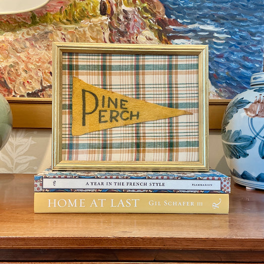 Vintage Pine Perch Yellow Felt Pennant on Plaid in Gold Frame