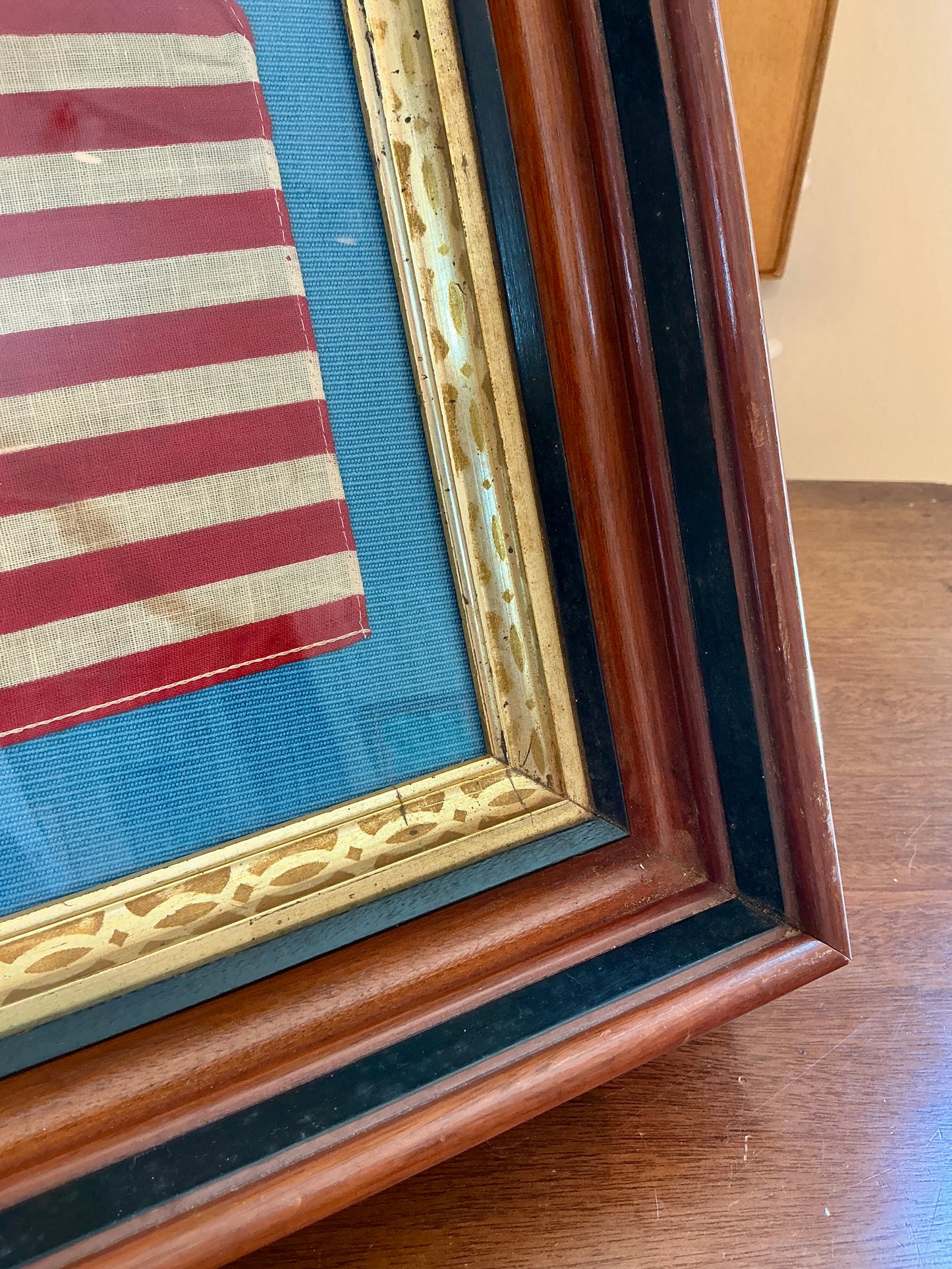 Vintage 50 Star American Flag on French Blue Twill in 19th Century Wood Frame with Gilded Liner