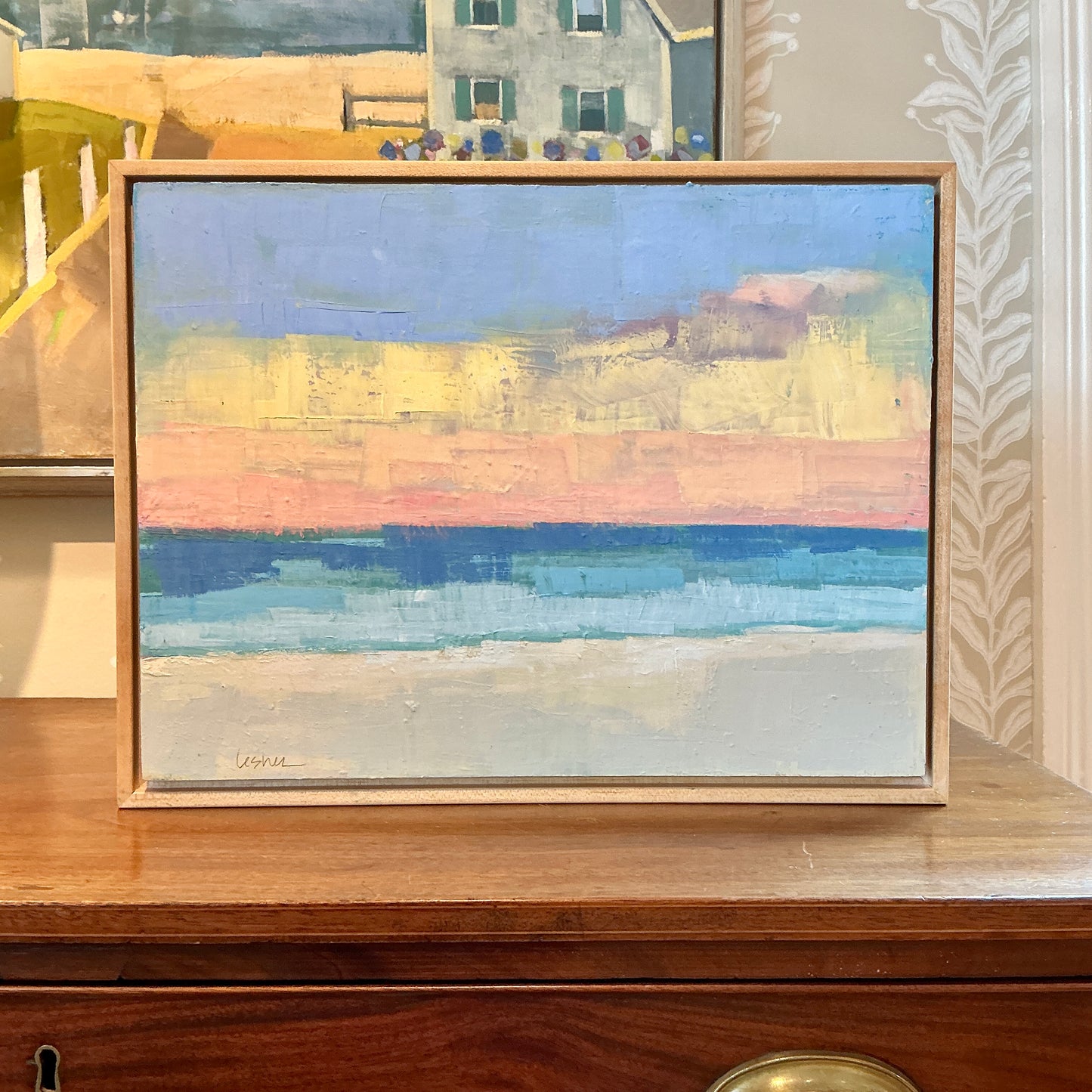 Carol Lesher Colored Mist Coastal Landscape Oil Painting in Natural Wood Frame