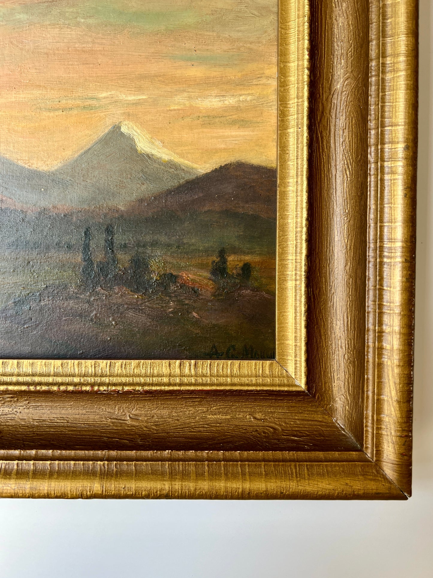 Antique American West Mountain Landscape Painting in Dark Gold Wood Frame