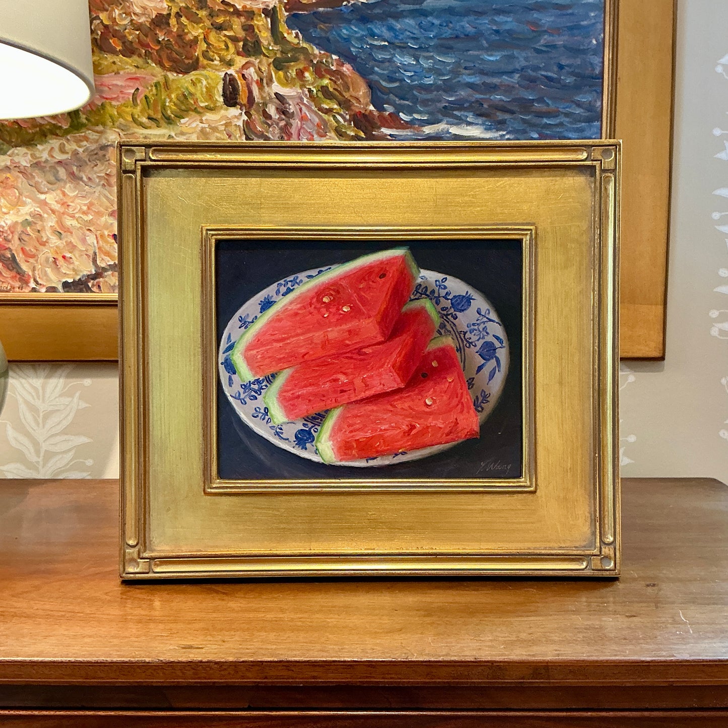 Youqing Wang Watermelon Slices in Blue and White Plate Still Life Oil Painting in Gold Frame