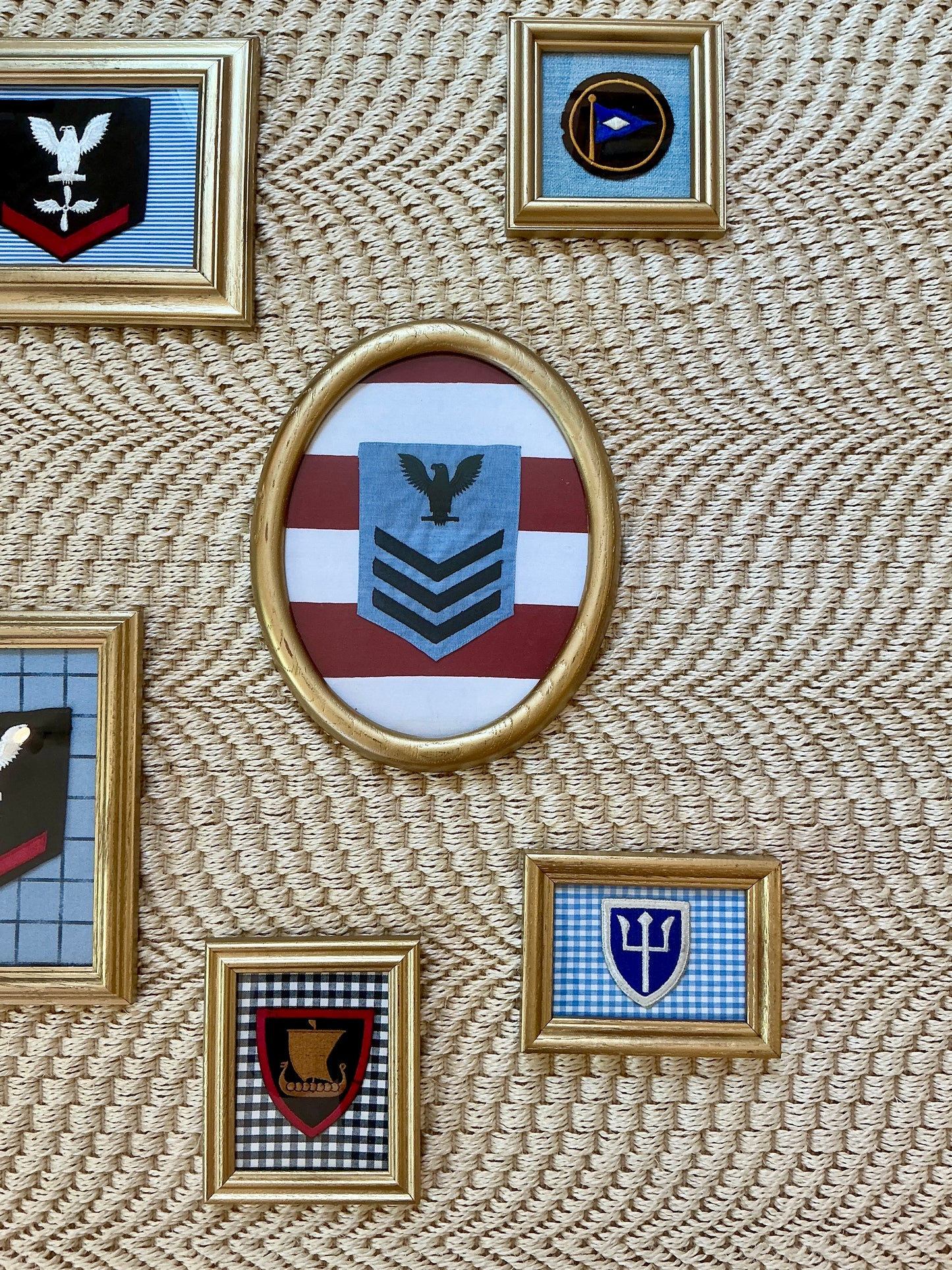 Gallery Wall Collection of Ten American Military and Boy Scout Patches in Gold Frames