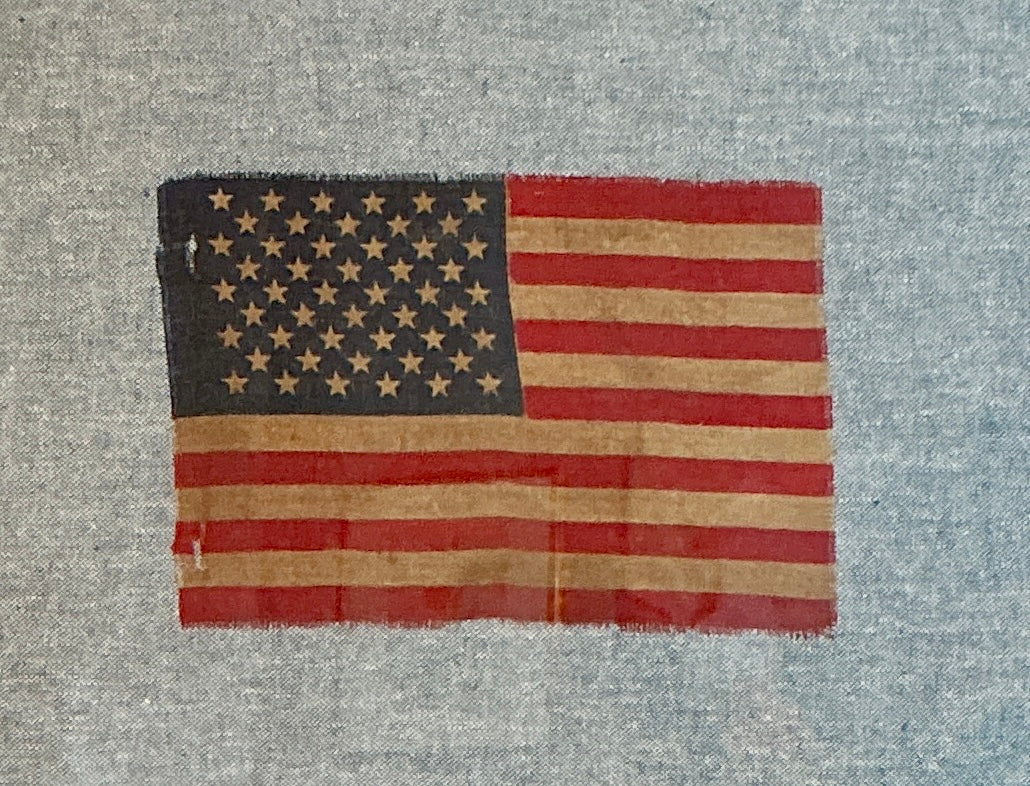 Vintage 50 Star American Flag on Light Chambray in Antique Silver Leaf Frame