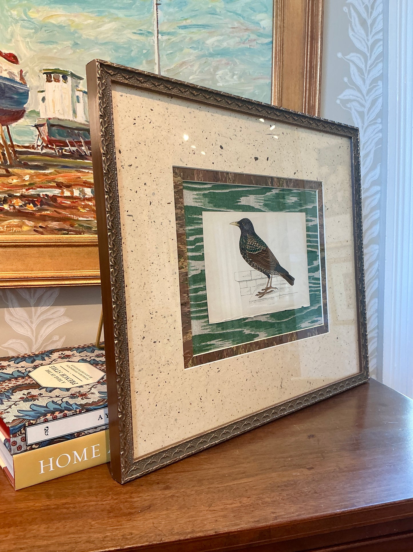19th Century Hand Colored Starling Lithograph on Green Marbled Designer Fabric in Dark Gold Frame