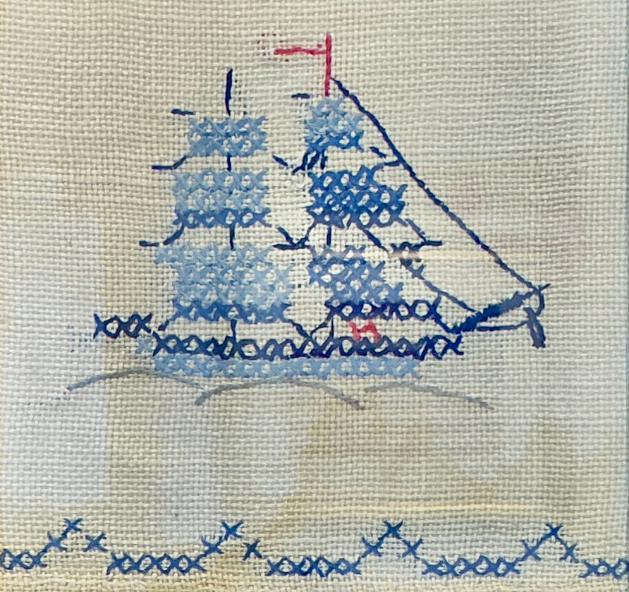 Vintage Sailboat Linen Embroidery in Gold Frame
