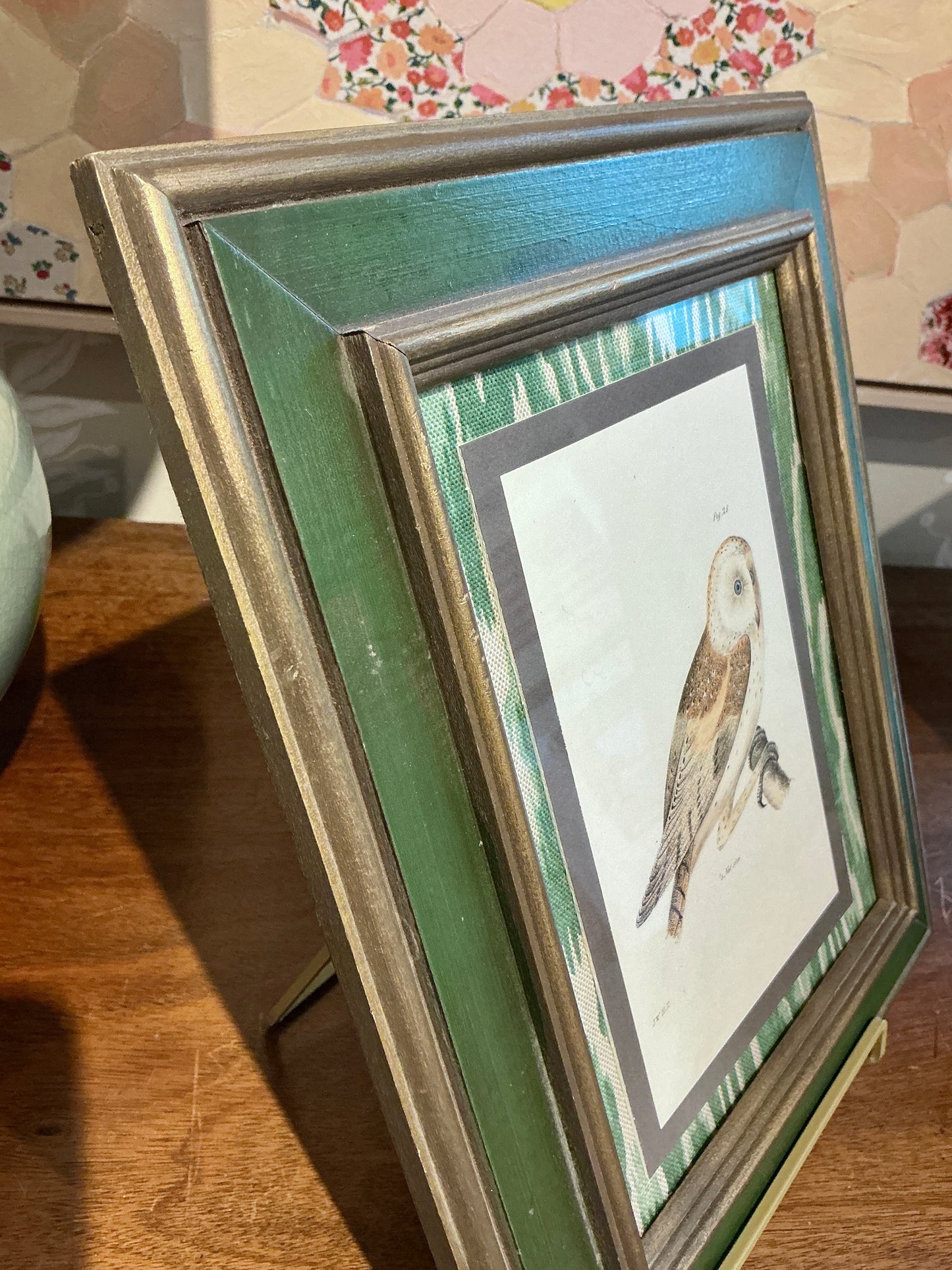 Pair of 19th Century Owl Lithographs on Green Faux Bois Fabric in Green and Dark Gold Frames