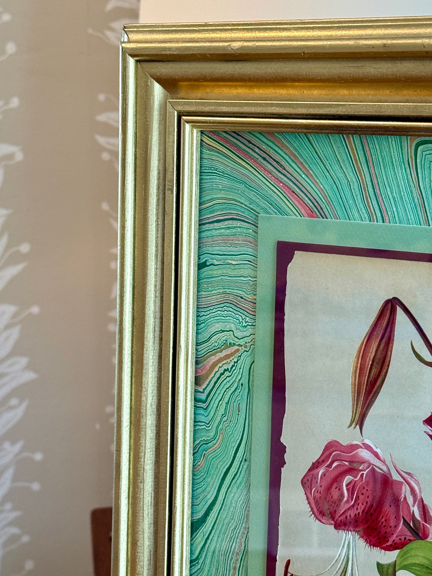 20th Century Japanese Lily Chromolithograph on Hand Marbled Paper