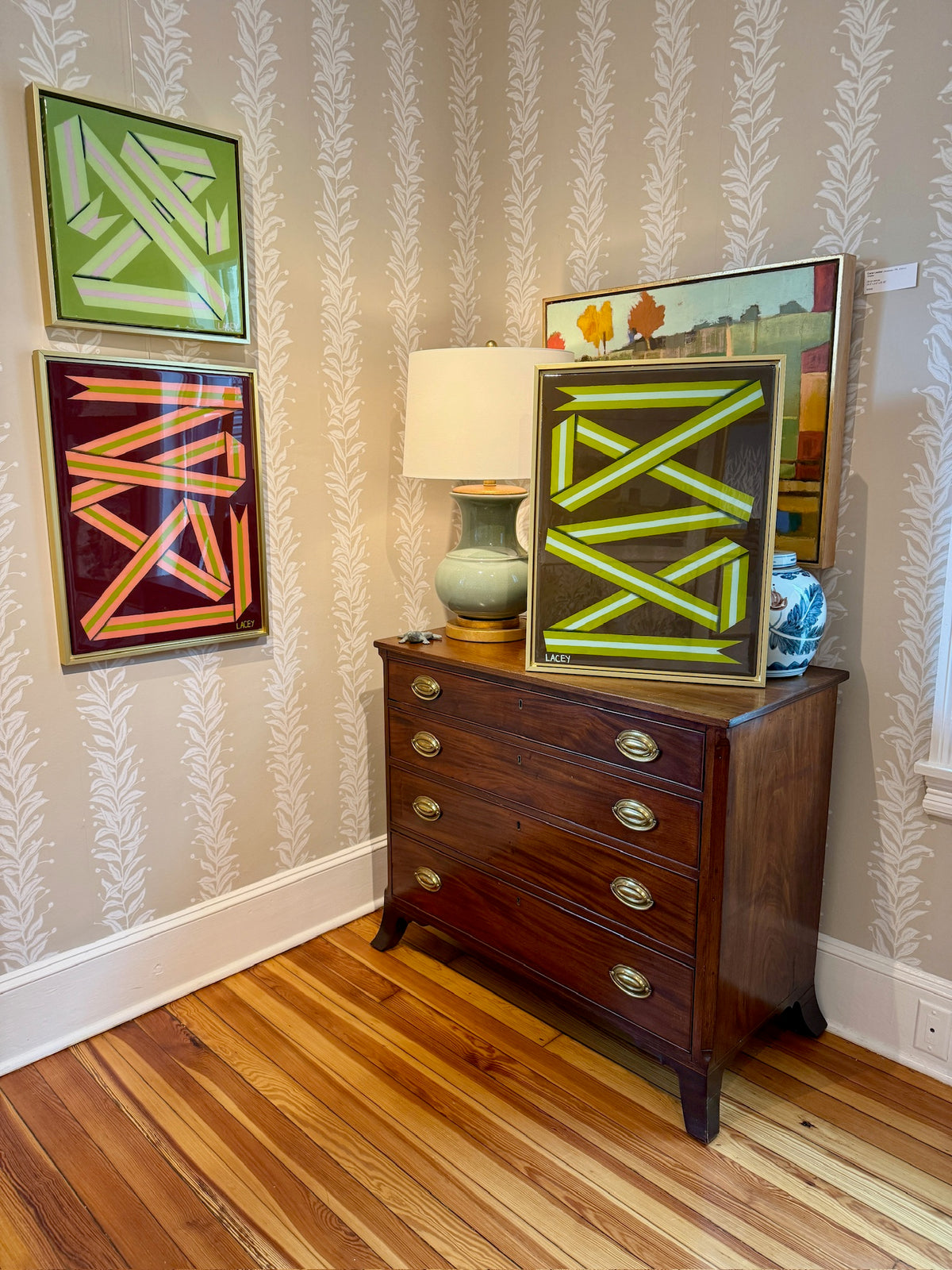 Lacey Craig Hooper Lime Ribbon Series Painting in Gold Floater Frame