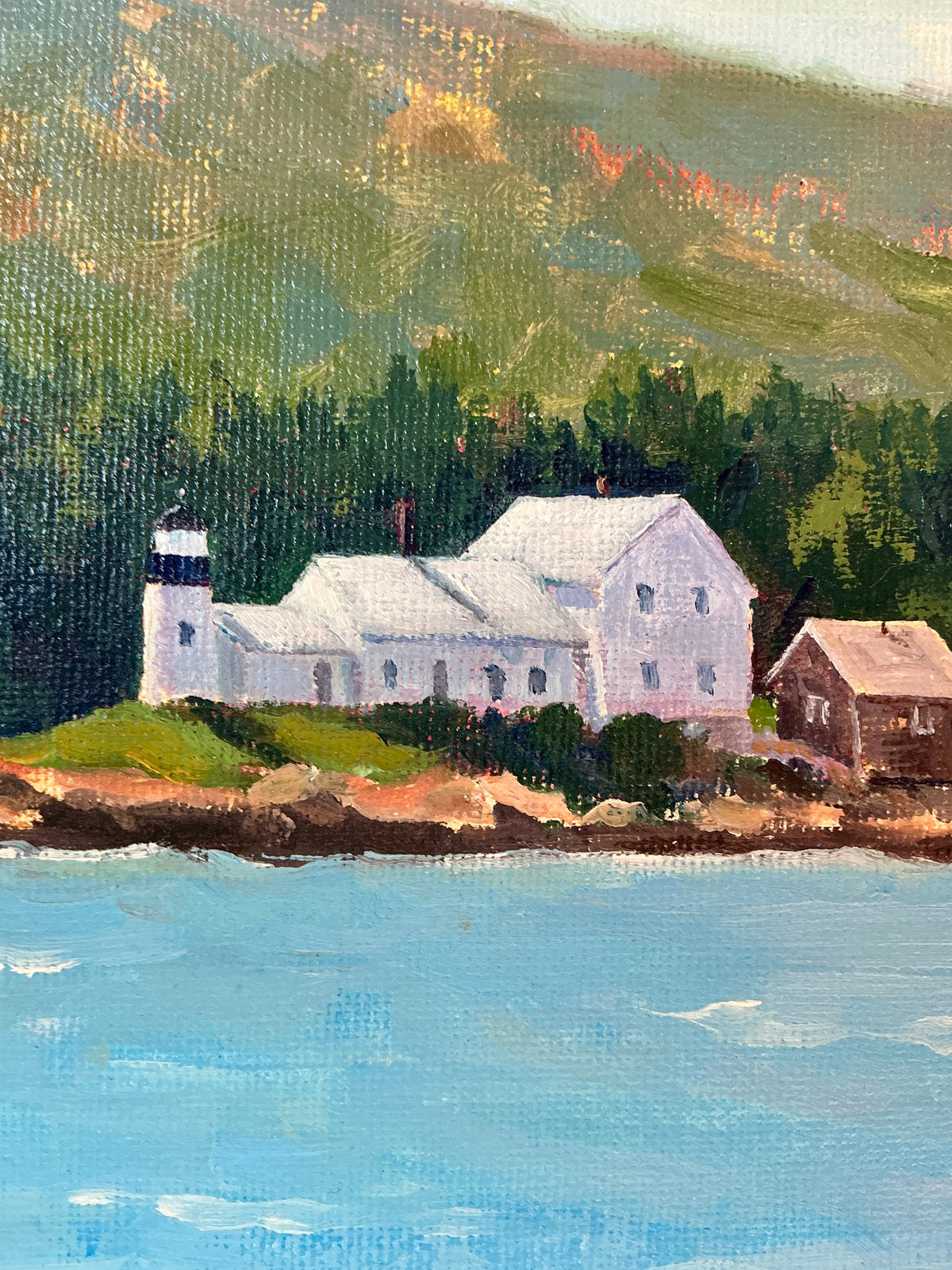 Anthony R. Thompson Winter Harbor Light Maine Coastal Landscape Oil Painting in Gold Frame