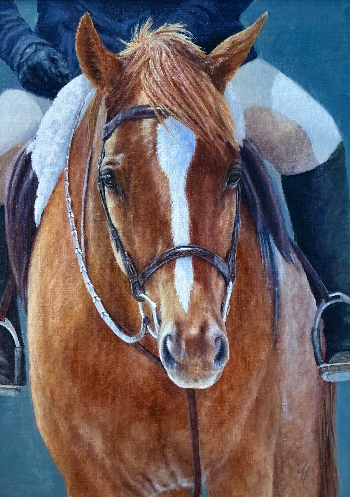 Andrea Hennings Horse And Rider Portrait Painting in Gold Frame