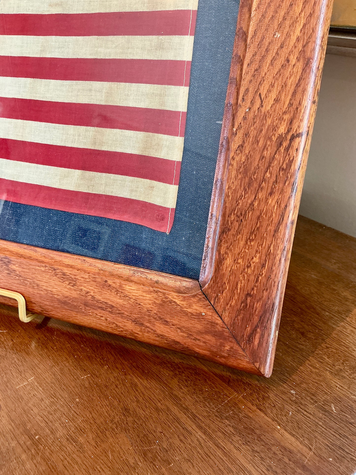 Vintage 50 Star American Flag on Dark Chambray in Antique Oak Frame