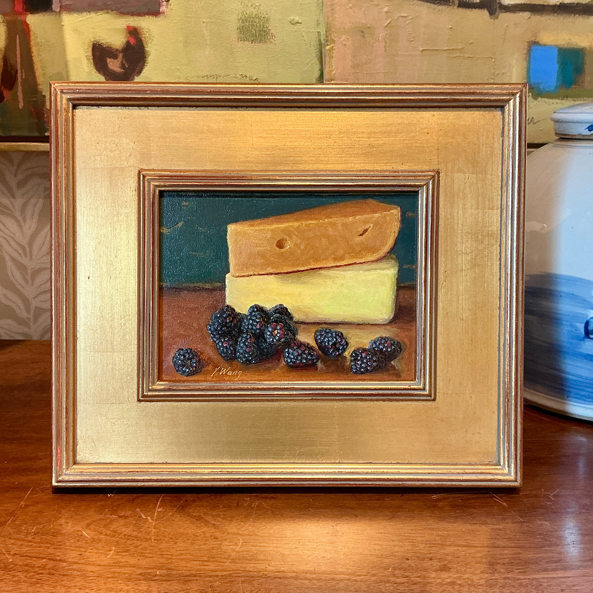 Youqing Wang Blackberries And Cheese Still Life Oil Painting in Gold Frame