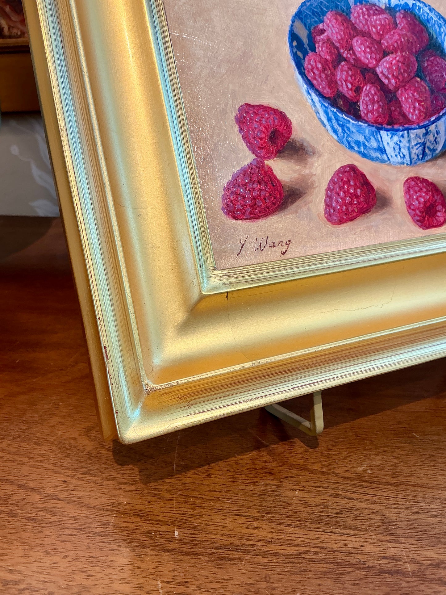 Youqing Wang Red Raspberries In A Blue And White Bowl in Gold Frame