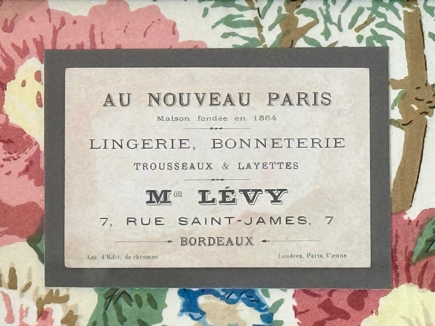 Late 19th Century Parisian Lingerie Trade Card on Lee Jofa Althea Fabric in Gold Frame
