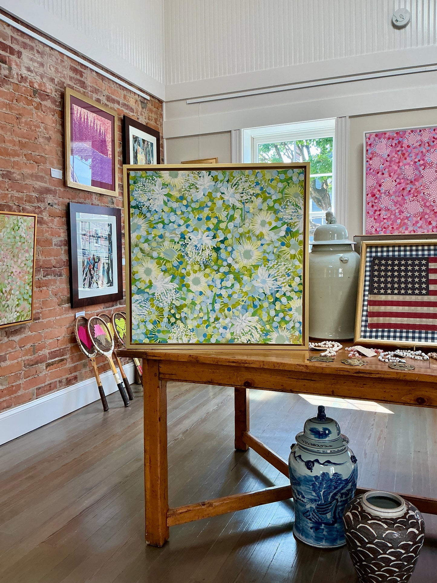 Alison Diamond McElroy Poolside Abstract Floral Painting in Gold Floater Frame