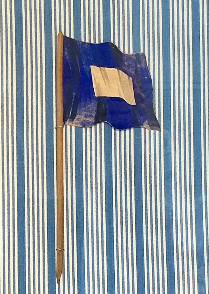 Antique 1905 Nautical Blue and Tan Flag Oil Painting on Blue Stripes in Gold Frame
