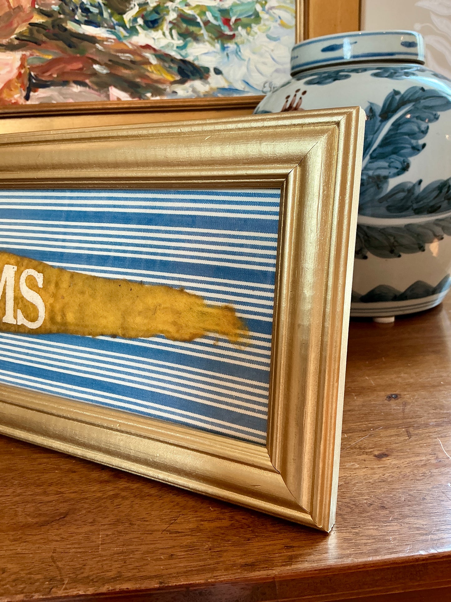 Vintage North Adams, Massachusetts Pennant on Blue Stripes in Gold Frame