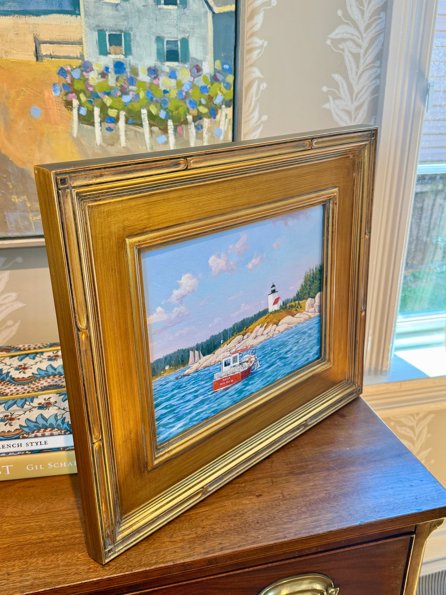Anthony R. Thompson Deer Isle Lighthouse Lobster Boat Coastal Landscape Oil Painting in Gold Frame
