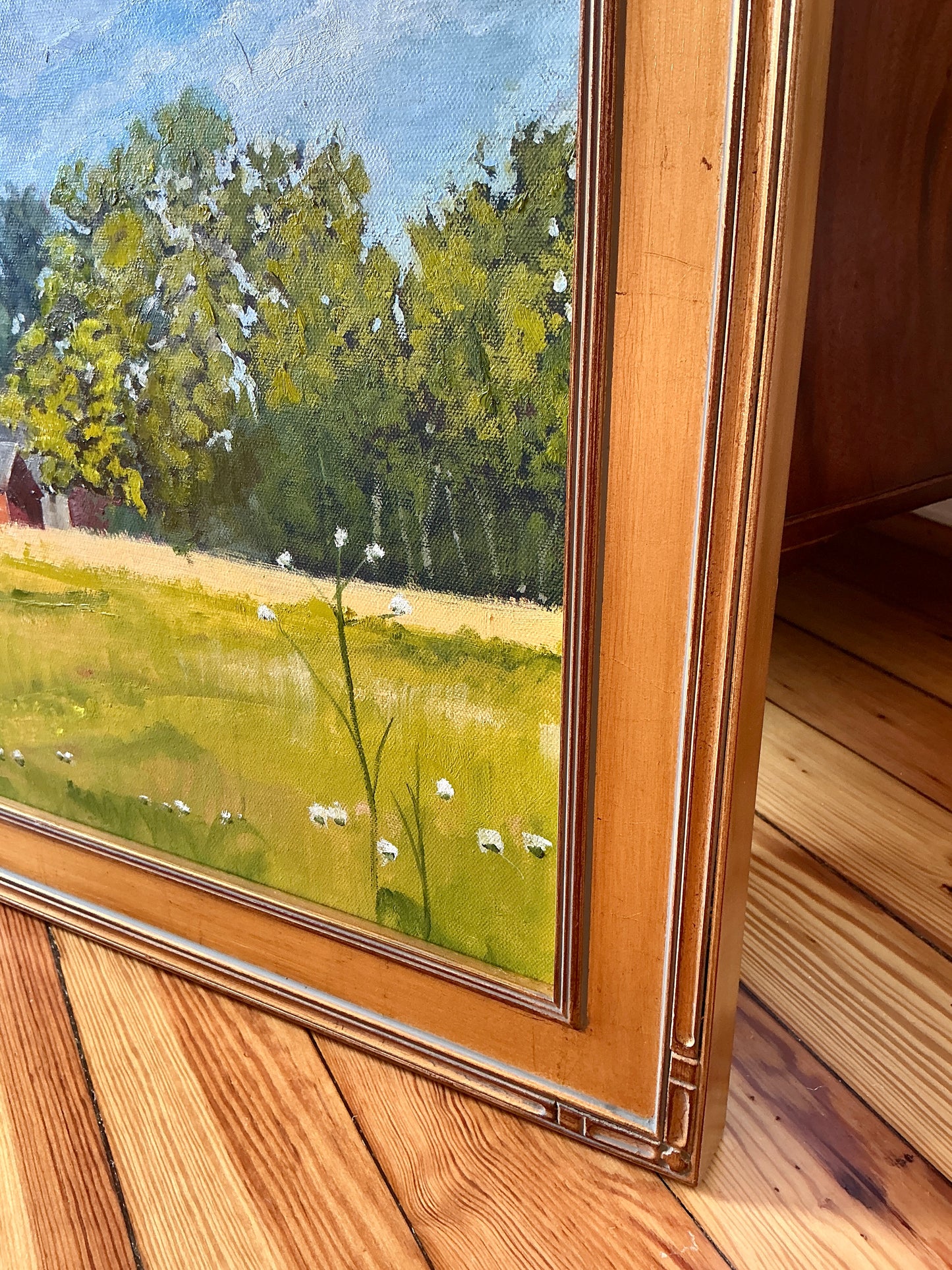Martin Scherer Summer Barn Landscape Oil Painting in Gold Frame