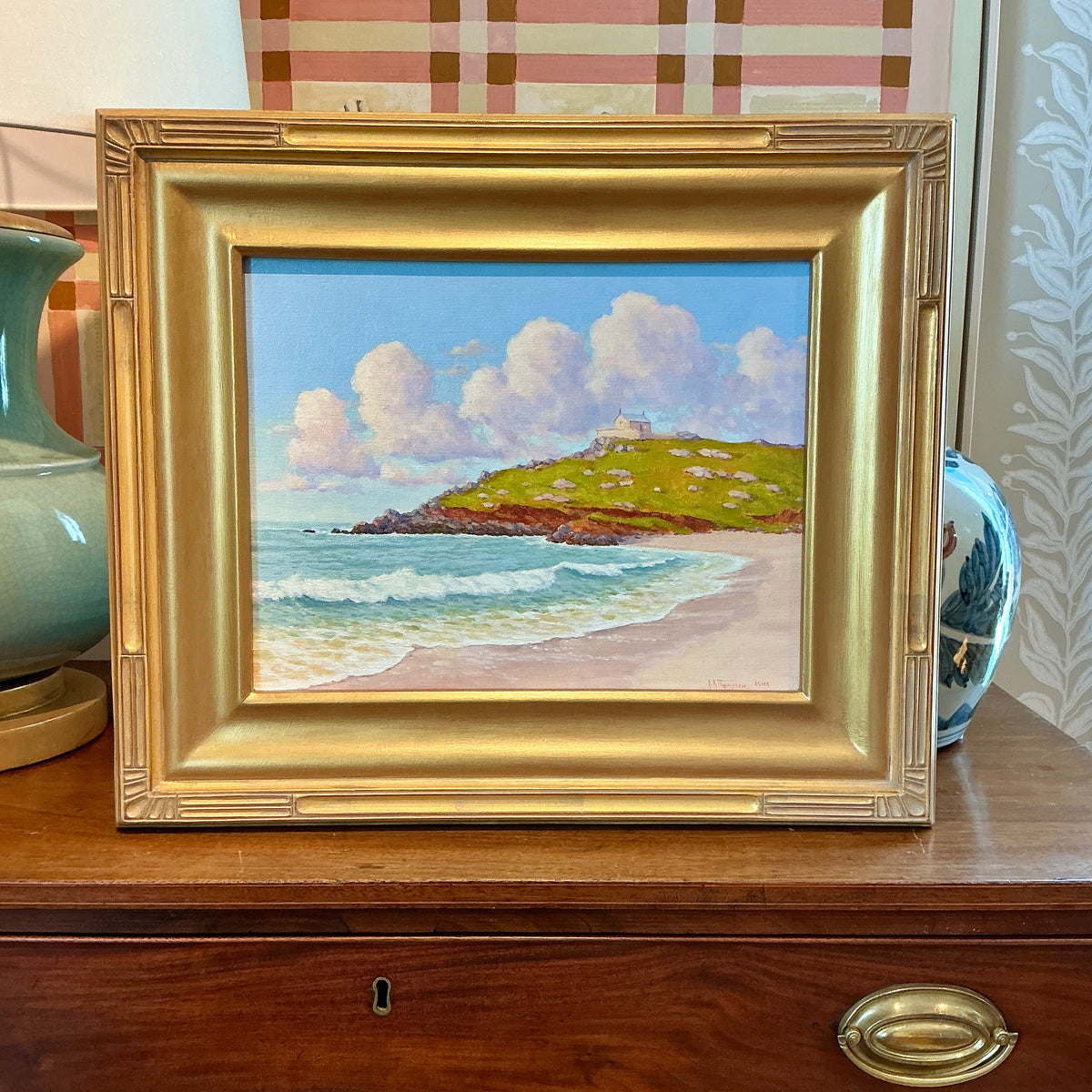 Anthony R. Thompson Chapel at St. Ives Cornwall England Coastal Landscape Oil Painting in Gold Frame
