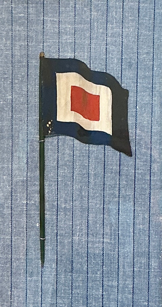 Antique 1905 Nautical Blue Red And White Flag Oil Painting on Blue in Gold Frame
