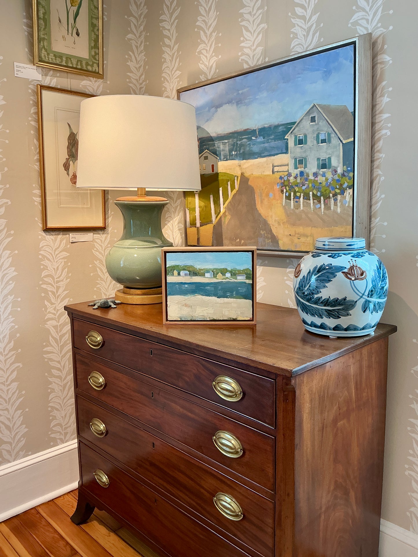 Carol Lesher River View Coastal Landscape Oil Painting in Natural Wood Frame
