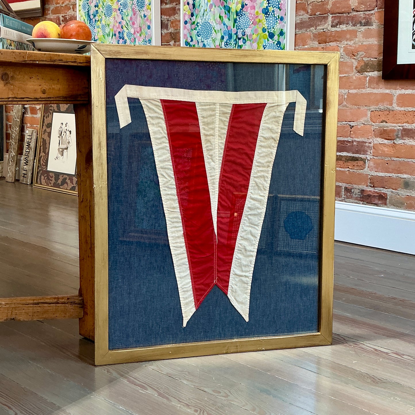 Vintage Cloth Nautical Flag on Dark Chambray in Gold Frame