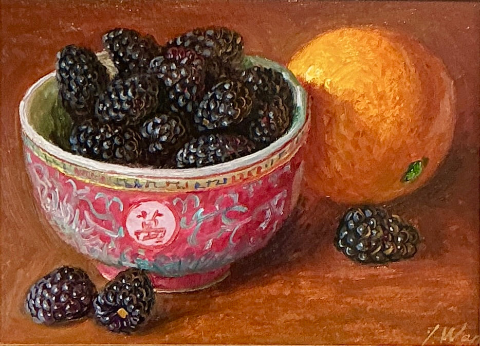 Youqing Wang Blackberries in Bowl With Orange in Dark Gold Frame