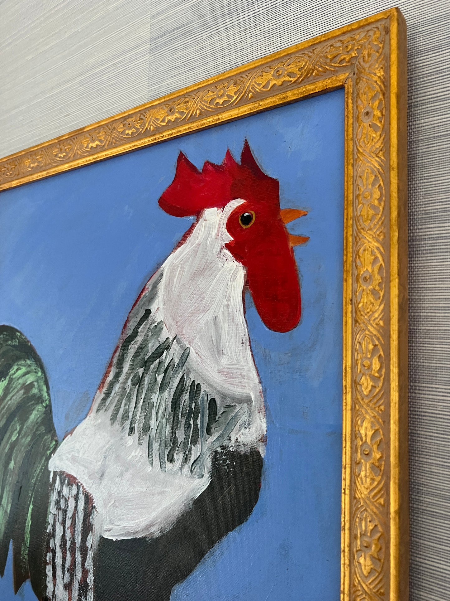 Contemporary Rooster Folk Art Portrait Painting in Carved Gold Frame
