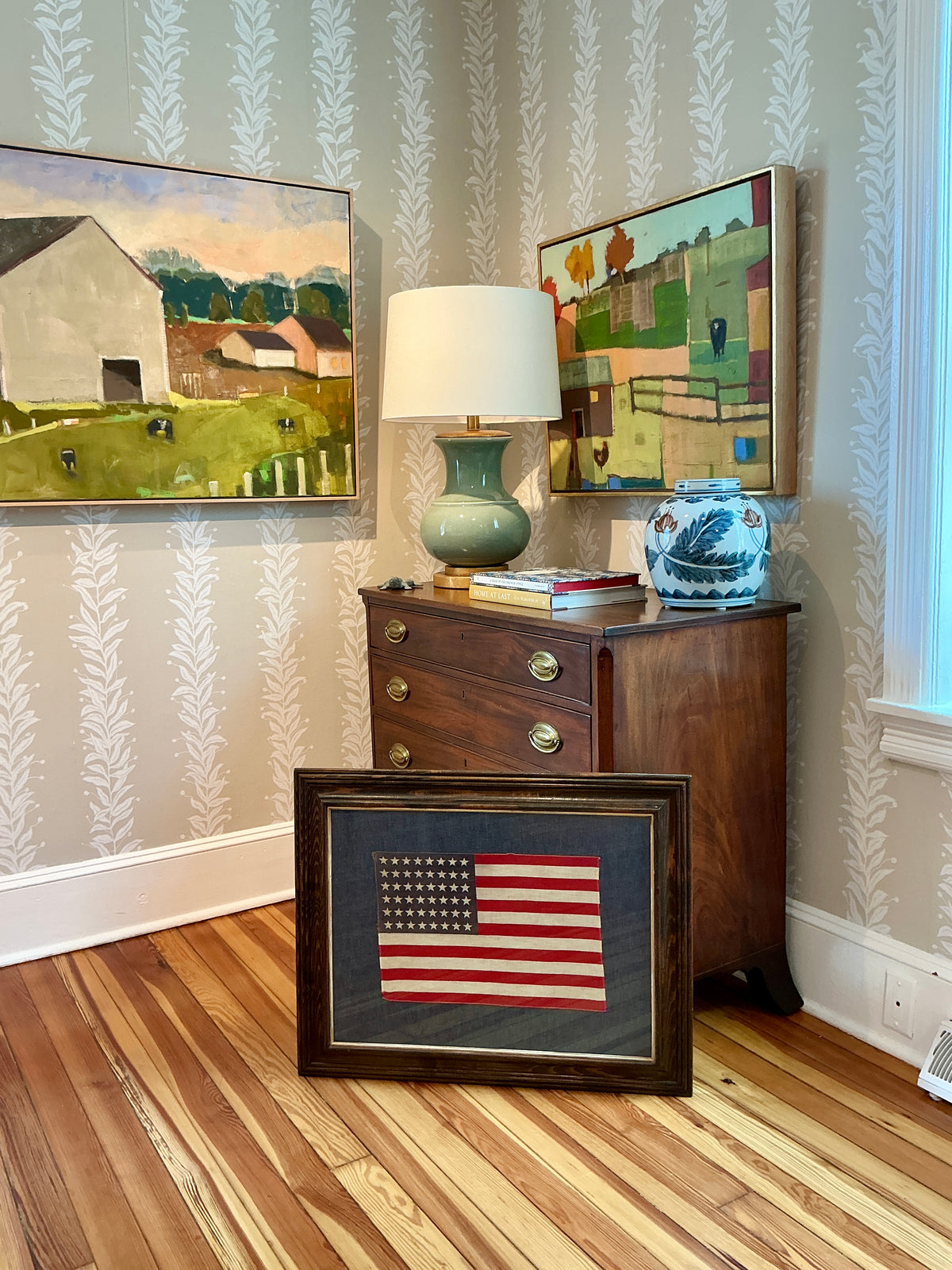 Vintage 48 Star American Flag on Dark Chambray in Wood Frame with Gilded Liner