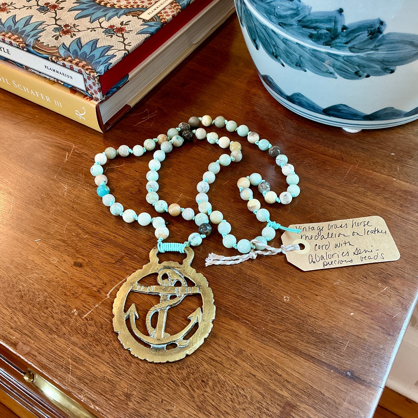 Antique English Horse Brass Anchor Medallion Semi Precious Beaded Hand Knotted Necklace