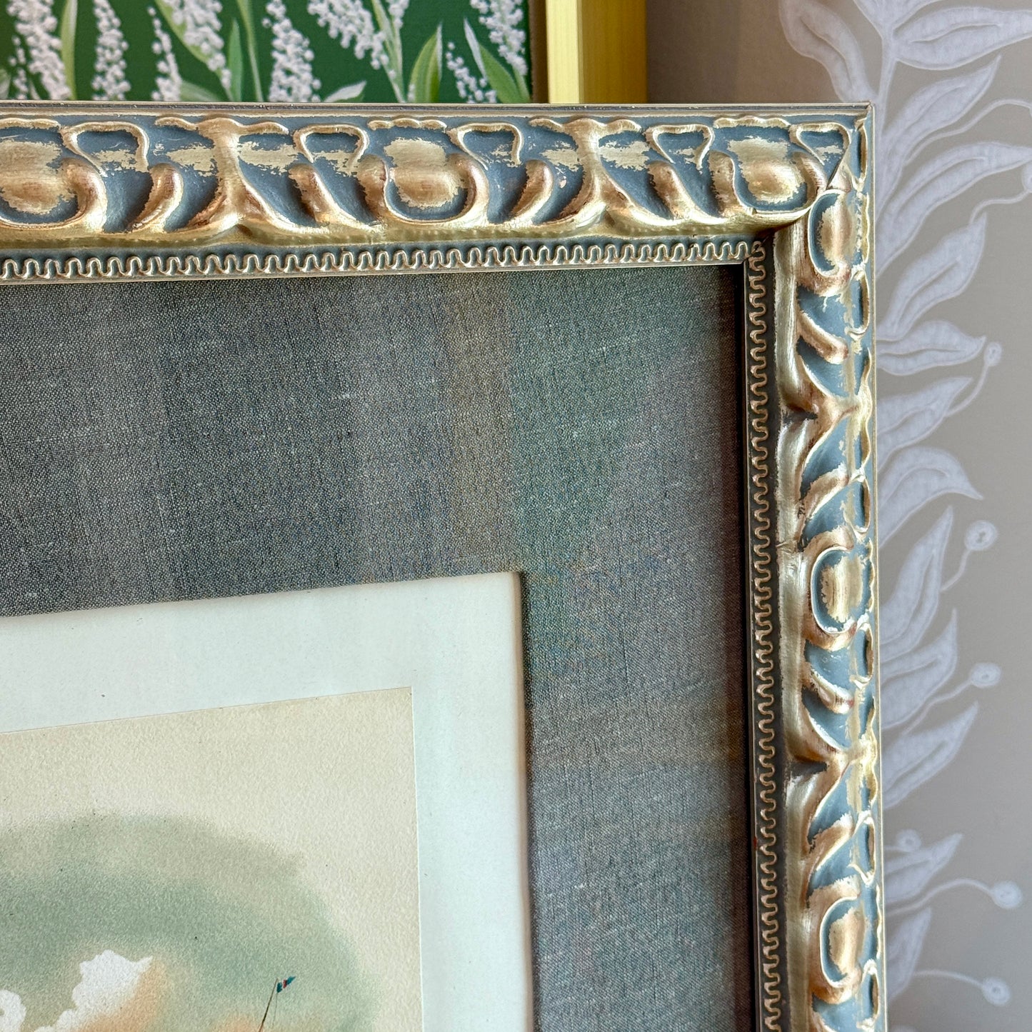 1888 Hand Colored Lithograph of “Clara” the Clyde Yacht in Belgian Linen in Ornate Champagne Gold Frame