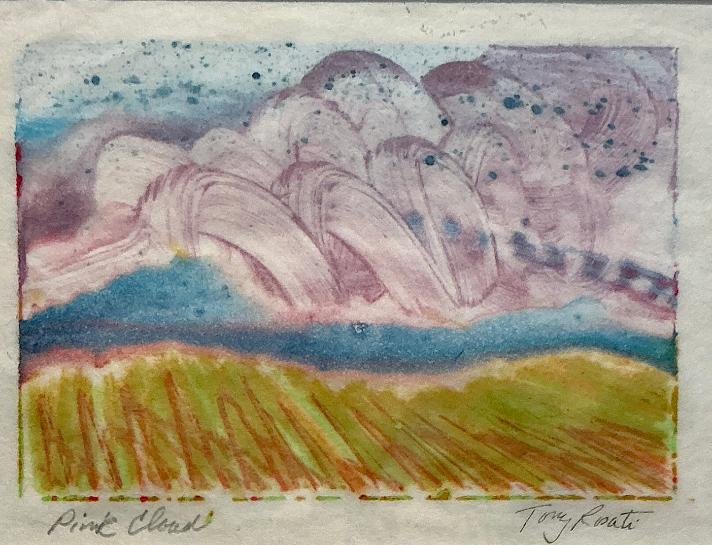 Tony Rosati Pink Clouds Landscape Monotype in Wood Frame